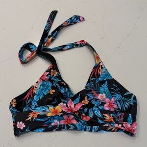 Floral Halter Bikini Top in Black with Blue & Pink Tropical Print